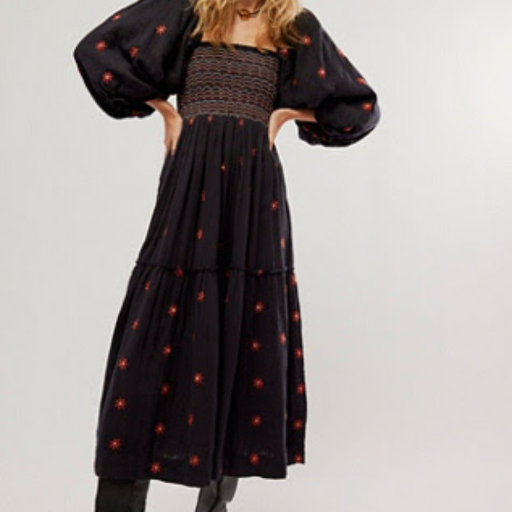 Free People Dahlia Embroidered Maxi Dress - Black Combo XL